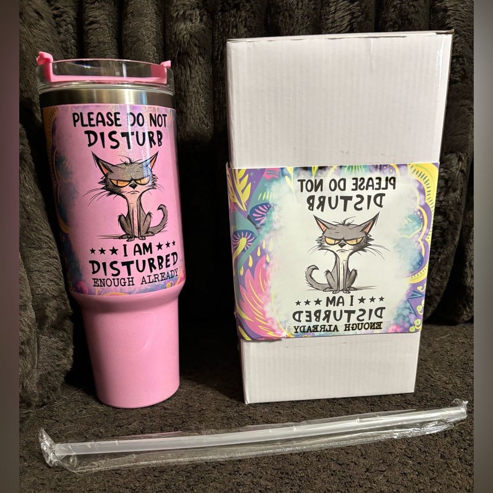 SPECIAL NEW 40 oz Pink Disturbed Cat Insulated Tumbler w/Straw